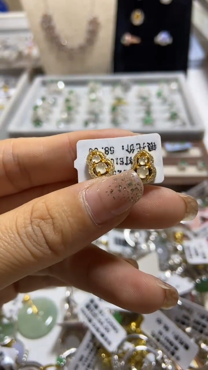 【闪购商品】翡翠戒指银S925镶嵌缅甸天然a货翡翠耳钉