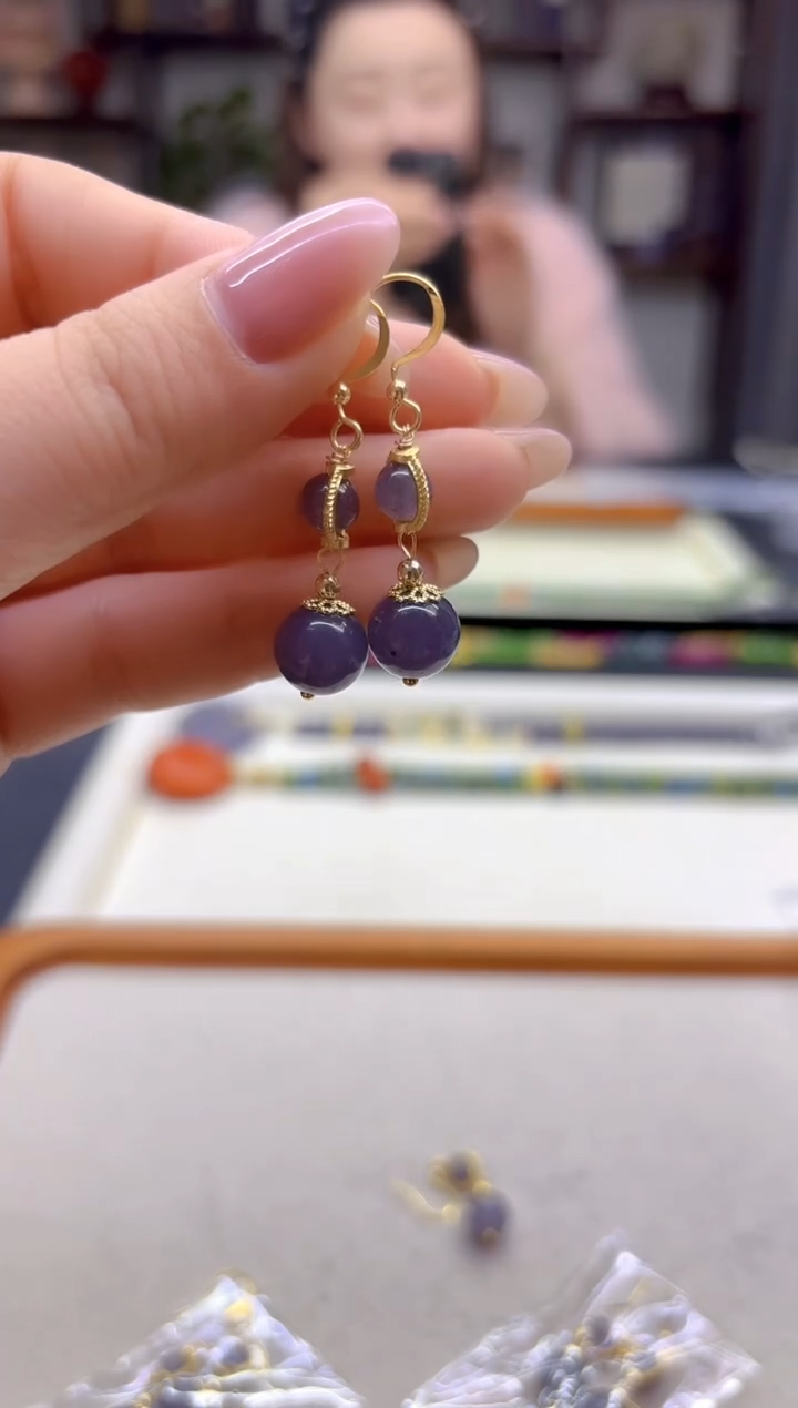 14K金镶嵌和田玉耳饰DIY款E802