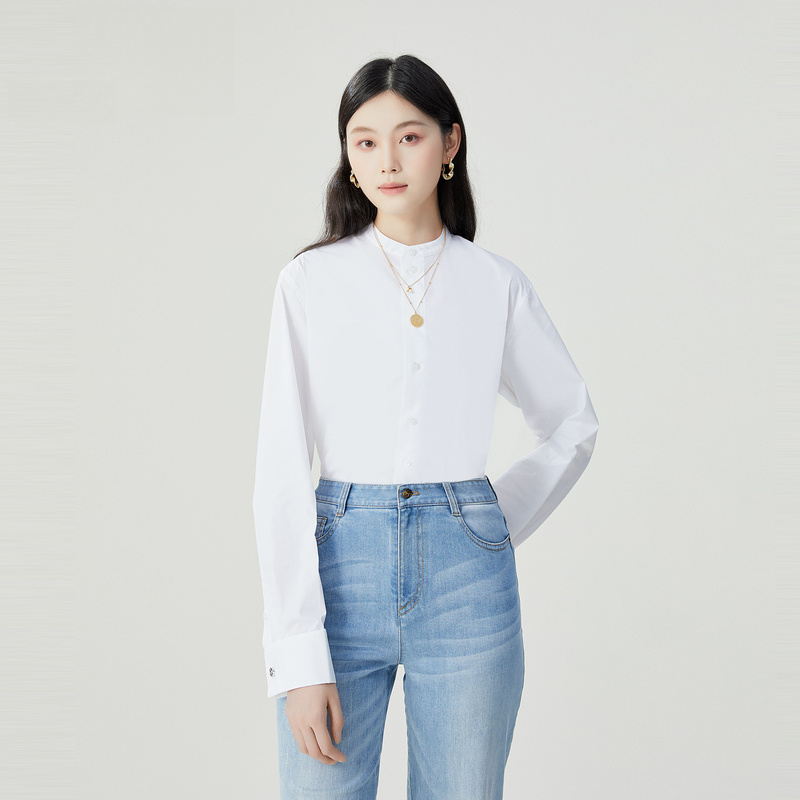 哥弟新款时尚大气精致通勤立领简约经典百搭长袖白衬衫女1300984
