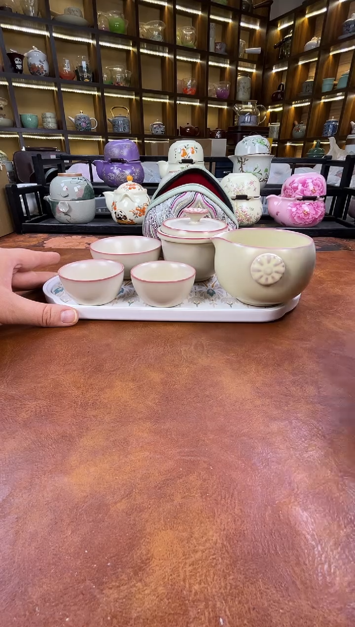 瓷片古道源猪油冻旅行+金银错茶盘