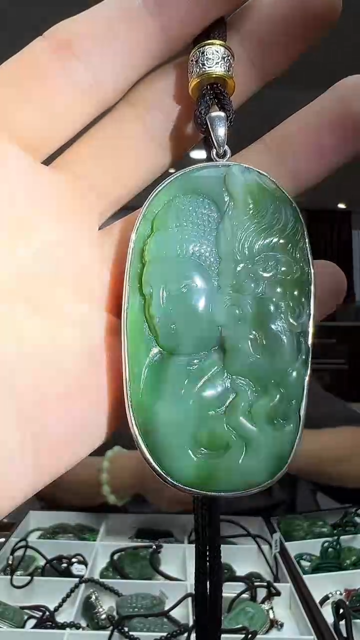 银S925镶嵌和田玉（碧玉）挂件佛魔