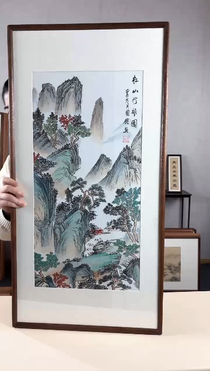 【闪购商品】国画手绘*松山行旅图*47*92cm实木框
