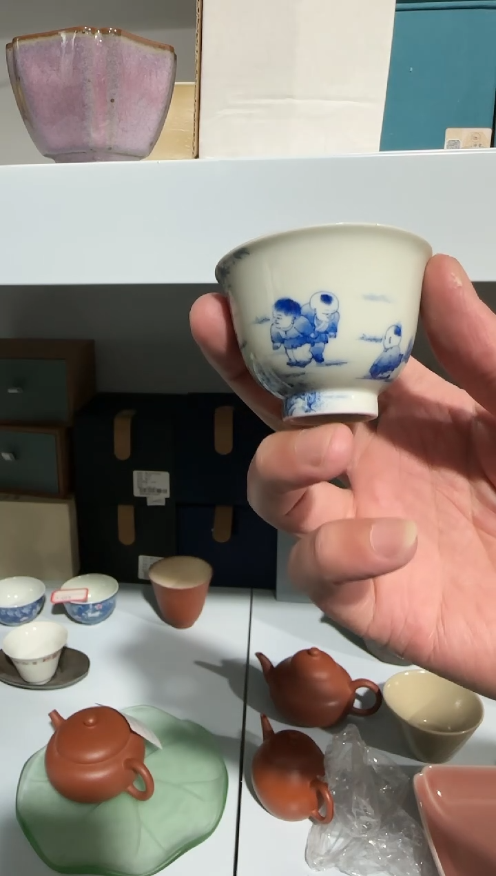 【闪购商品】B068 青花童子诗文杯@@@@