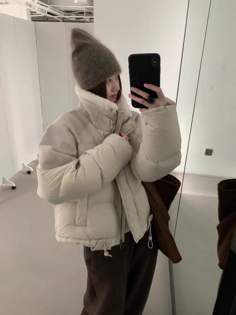 【沐禾】2025羊羔毛拼接韩系高品质立领短款羽绒设计感保暖 衣长57