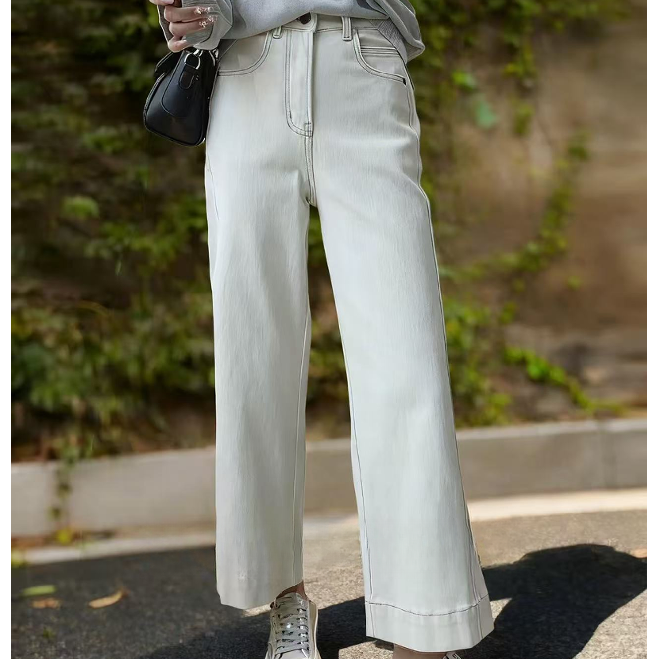 6177#美式高腰显瘦加绒白牛仔裤