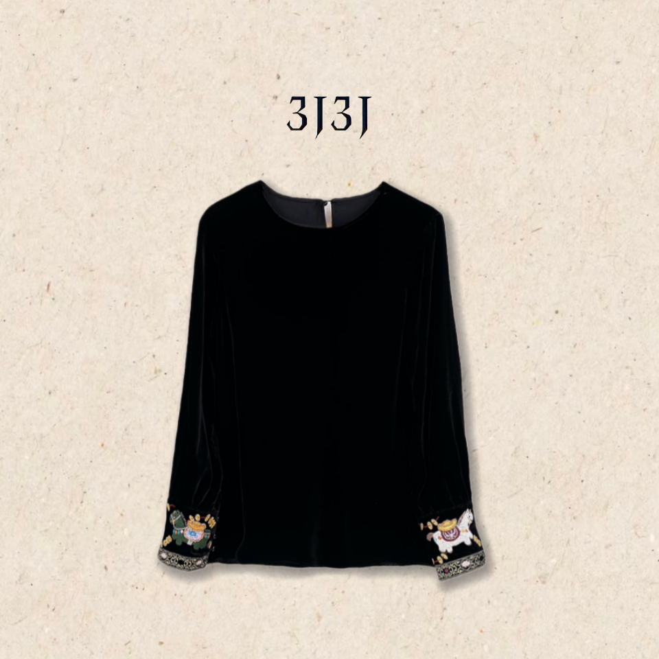 【發财小马】真丝丝绒刺绣袖口圆领百搭休闲长袖衬衫A051397