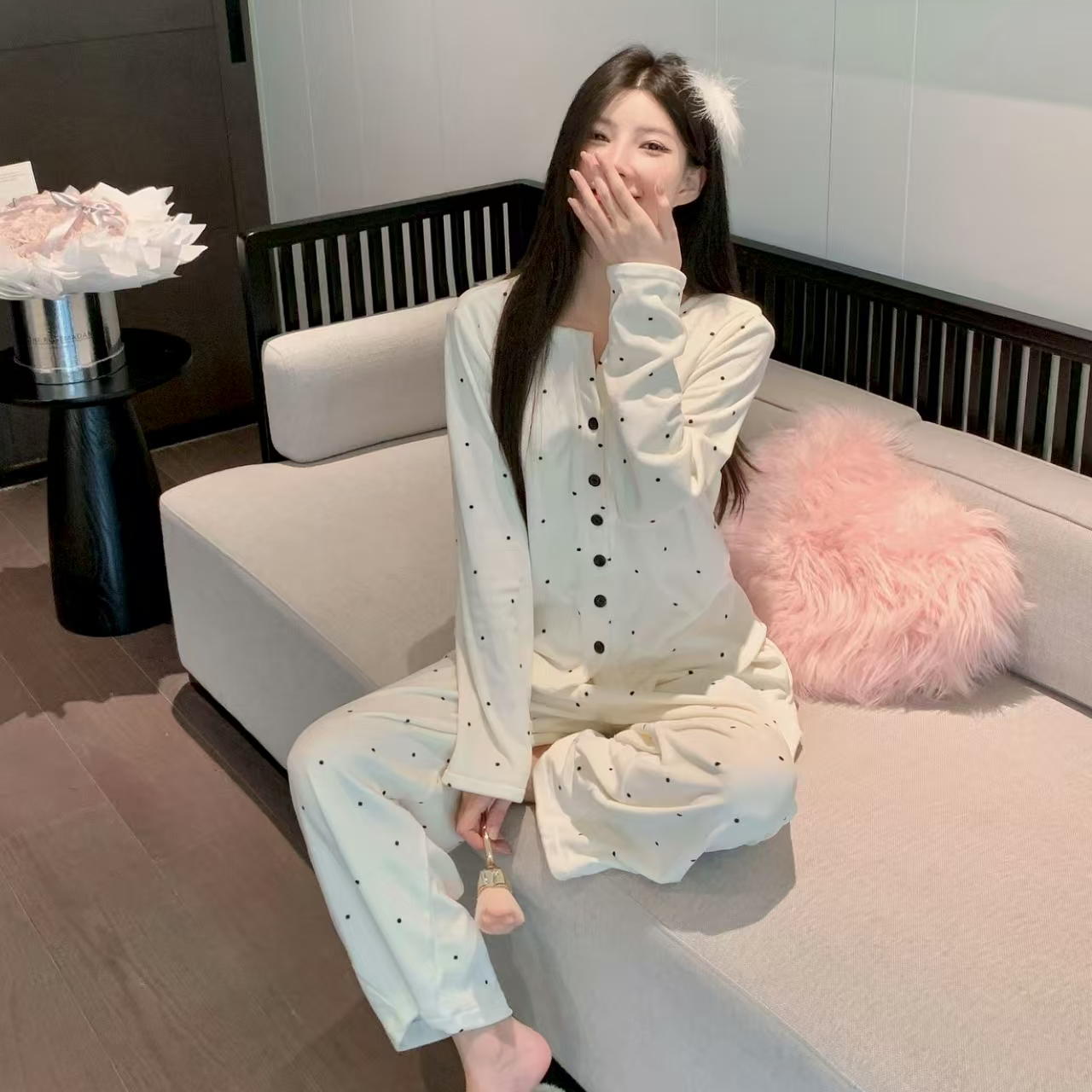 SIEOYJIEA/私迹大榕家大刘eva【点点海岛】女款气质家居服睡衣
