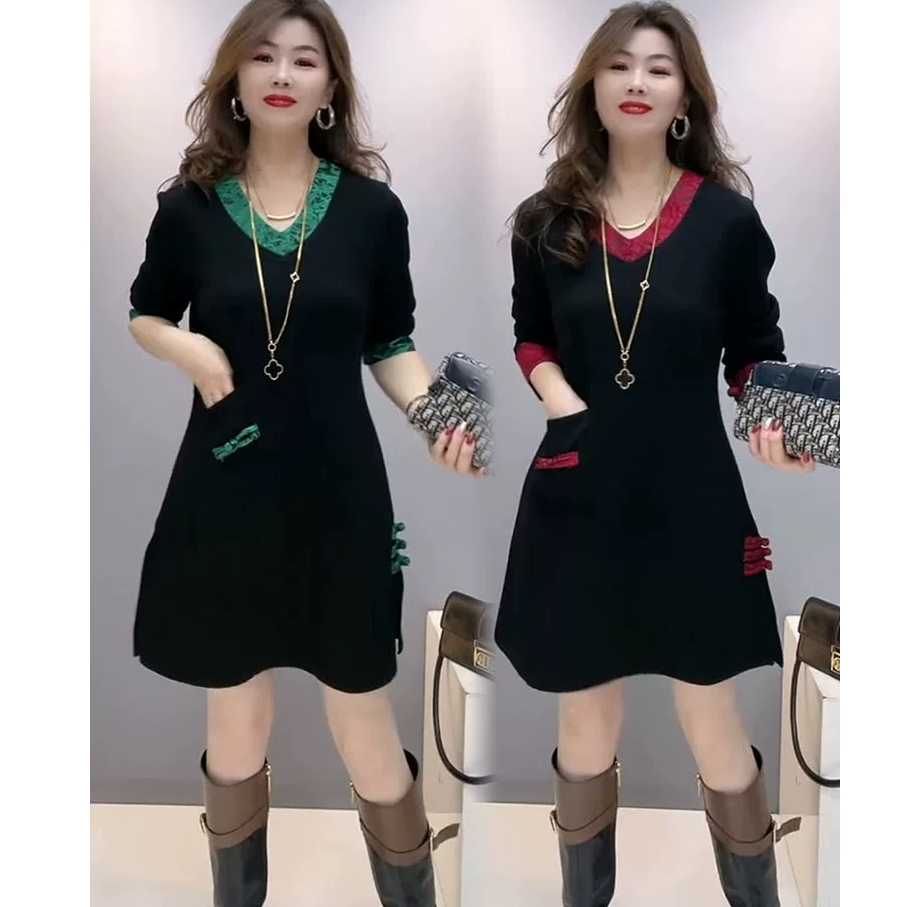 新款时尚拼接V领显瘦收腰遮肚女装A字裙连衣裙中长款国风裙子女