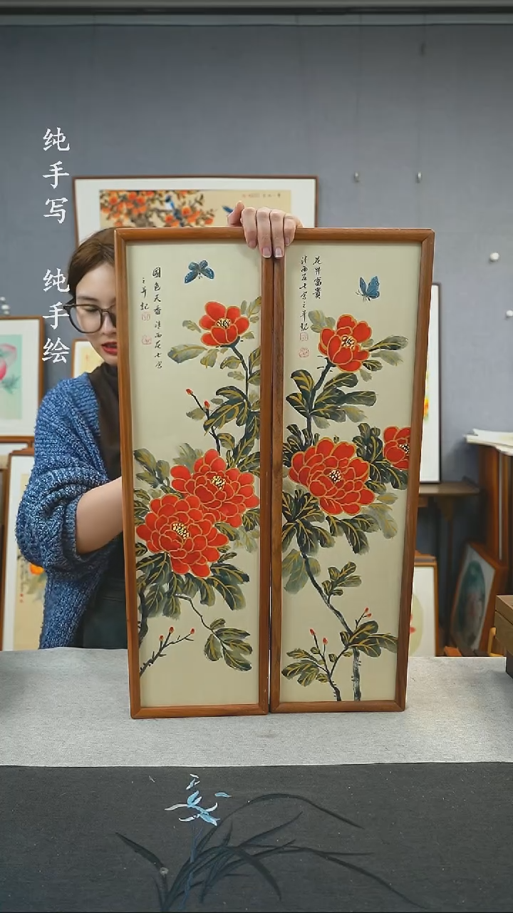 【闪购商品】国画孔德尚-手绘带框作品-20*70-牡丹