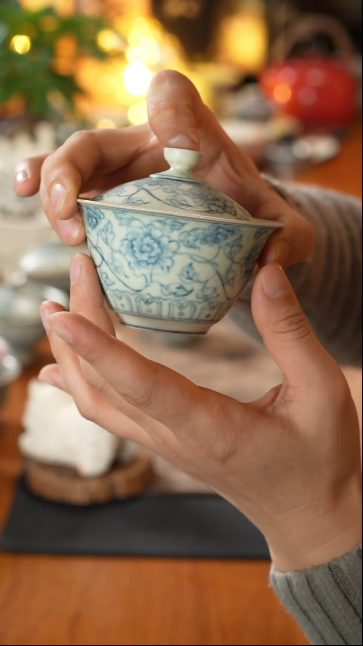【闪购商品】寒芦青花缠枝牡丹马蹄盖碗130cc