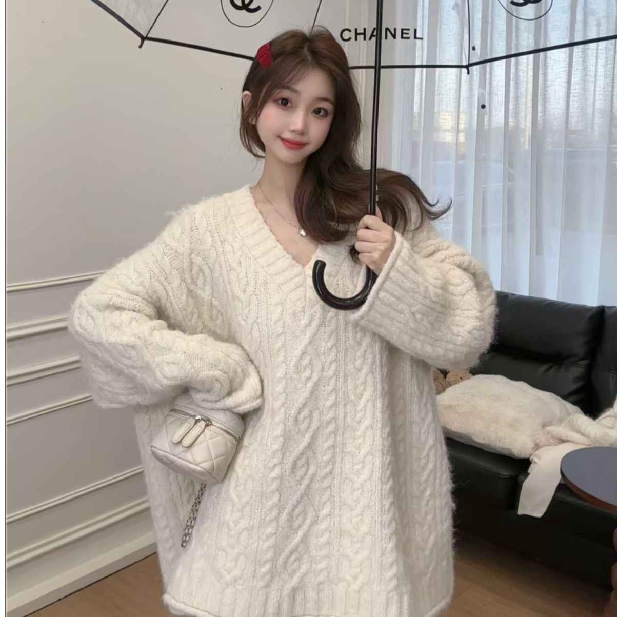 DHR高级感慵懒风复古粗棒针麻花V领毛衣加厚宽松大版上衣女2024冬