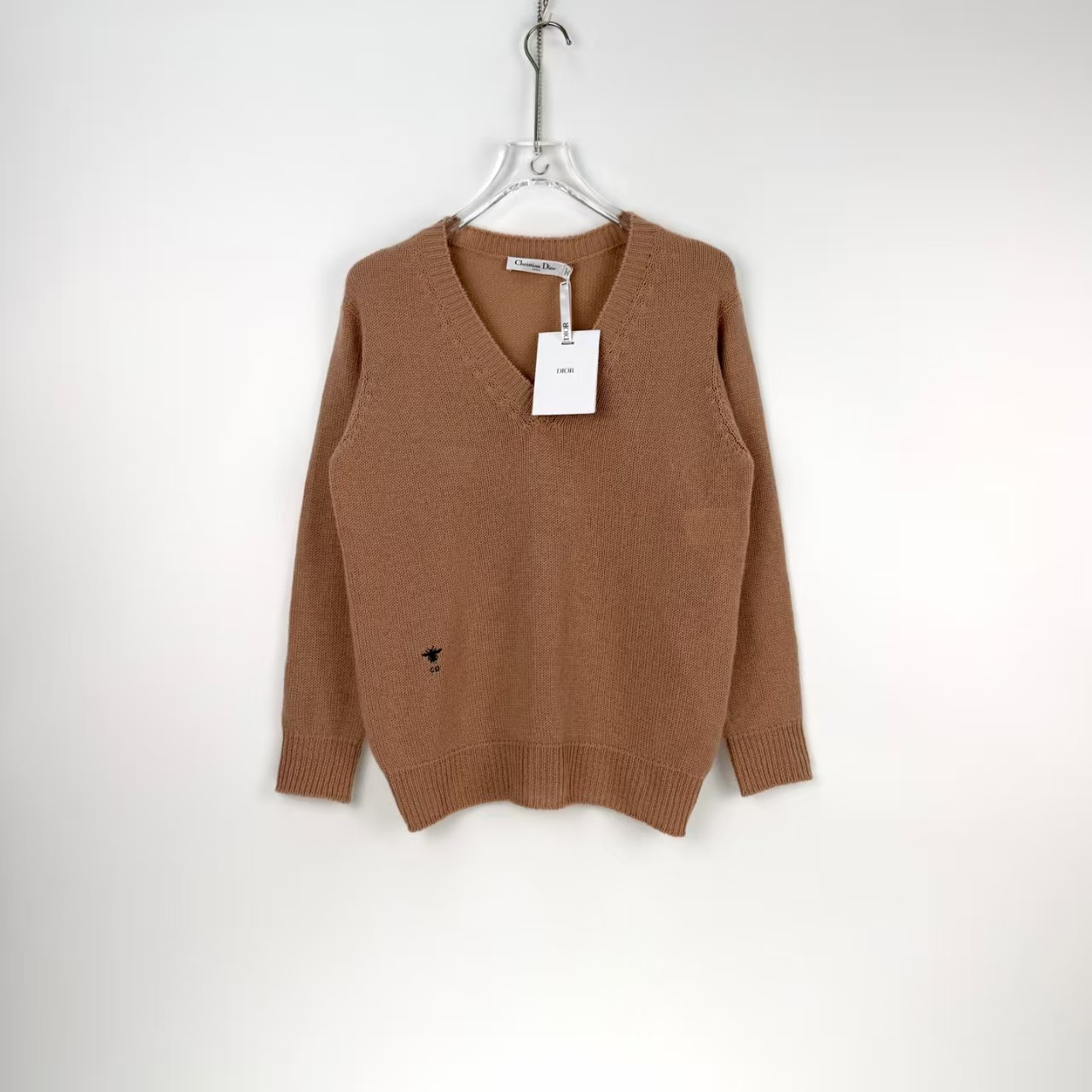 未使用 DIOR/迪奥 纯色V领刺绣针织衫 橘粉色/34