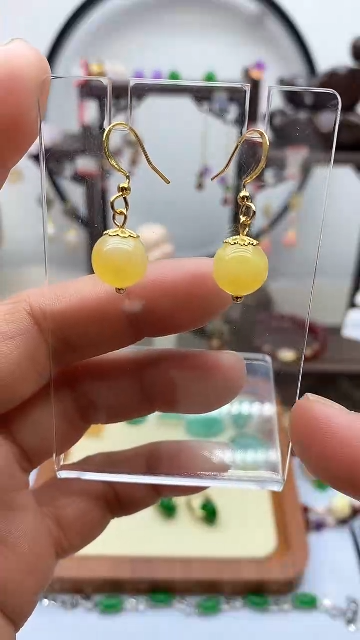 【闪购商品】蜜蜡耳饰银S925镀金镶嵌96