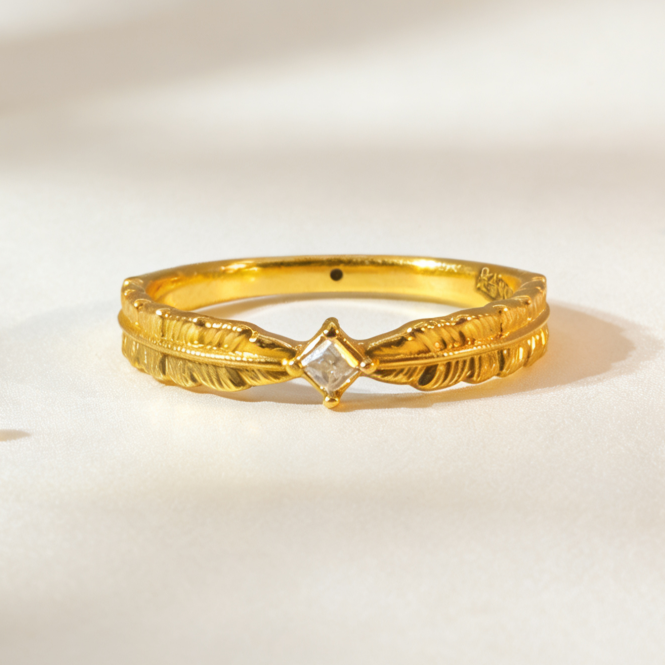 【婷婷专享】足金999 羽毛方钻戒指 6D工艺  双旦年终大促