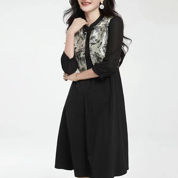 H3080蕾丝气质时尚百搭黑色复古中国风拼接连衣裙H4
