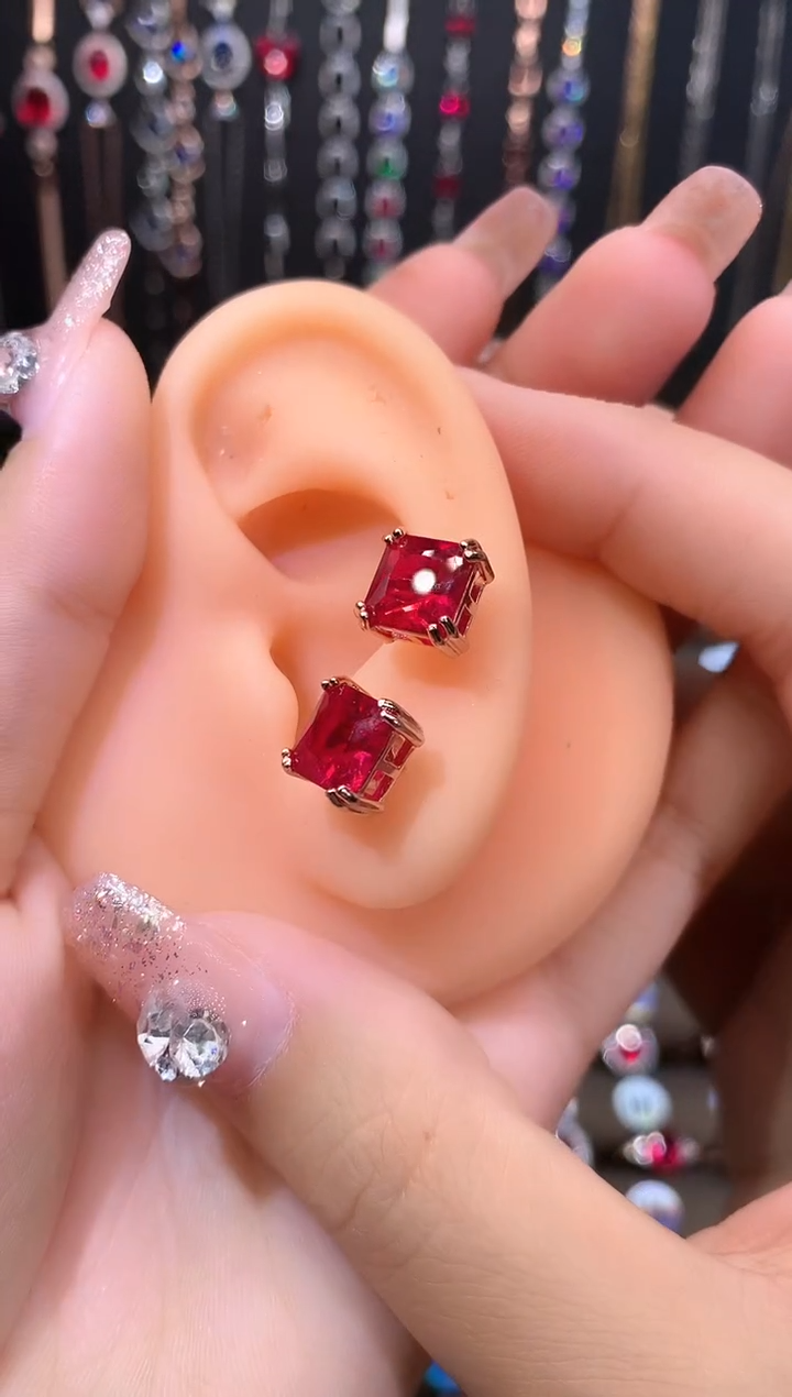 耳饰银S925镶嵌红宝石玫瑰金