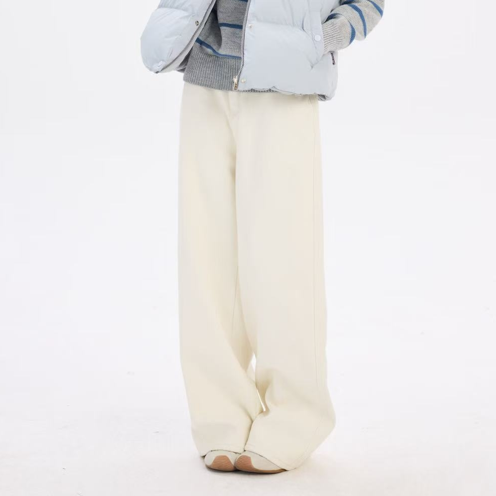 byo!oi OIOI冬季韩系复古宽松显瘦直筒加绒牛仔裤百搭保暖阔腿裤