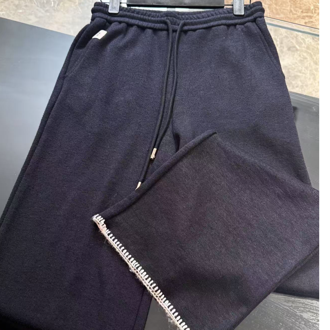 Hooomiee老钱风纯色抽绳设计松紧腰加厚百搭直筒长裤5781