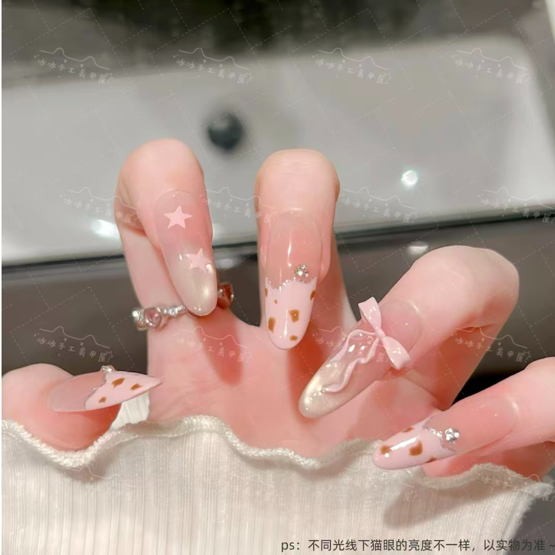 【奶油小豹】温柔甜美蝴蝶结法式高级感显白春夏波点雪花穿戴甲