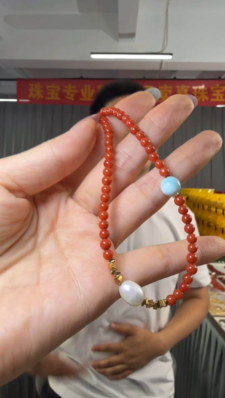 南红玛瑙银S925镶嵌项链南红玛瑙圆珠约4-4.5mm项链