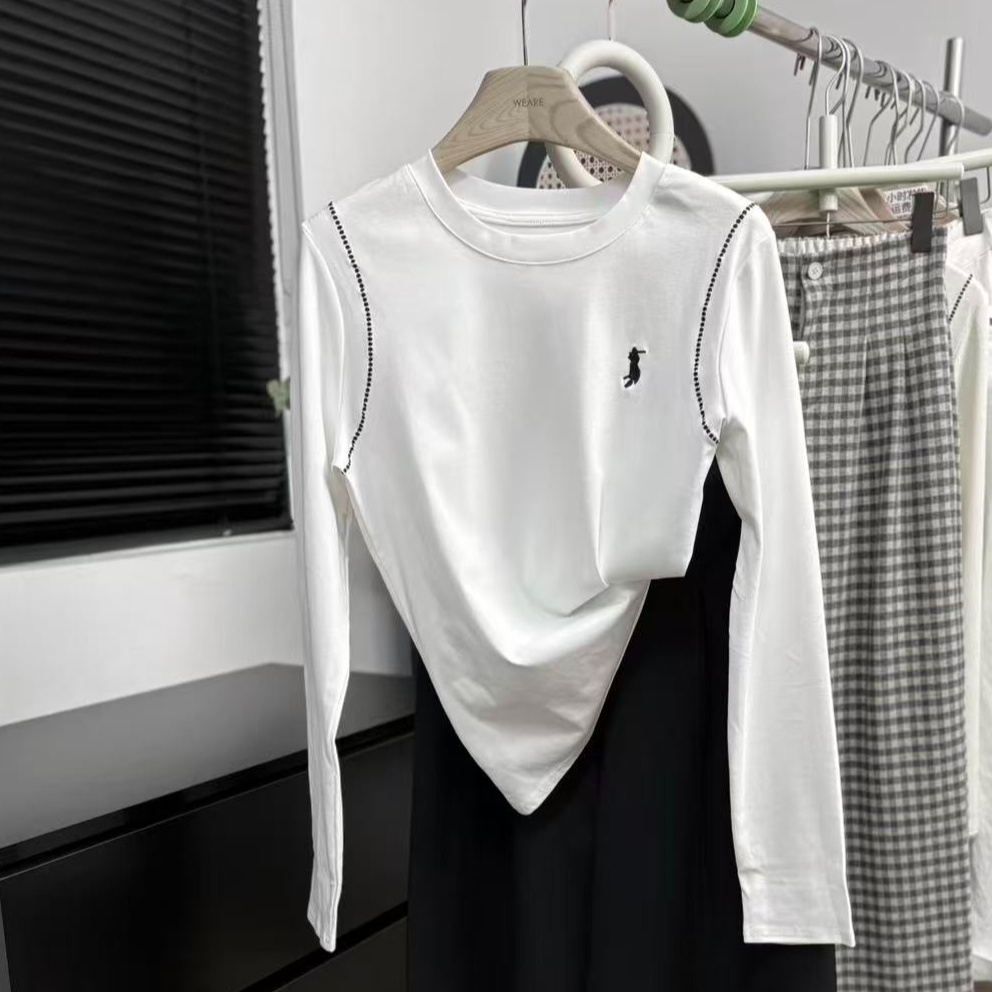 【鱼骨线刺绣长袖】秋季新款宽松显瘦舒适休闲百搭款T恤