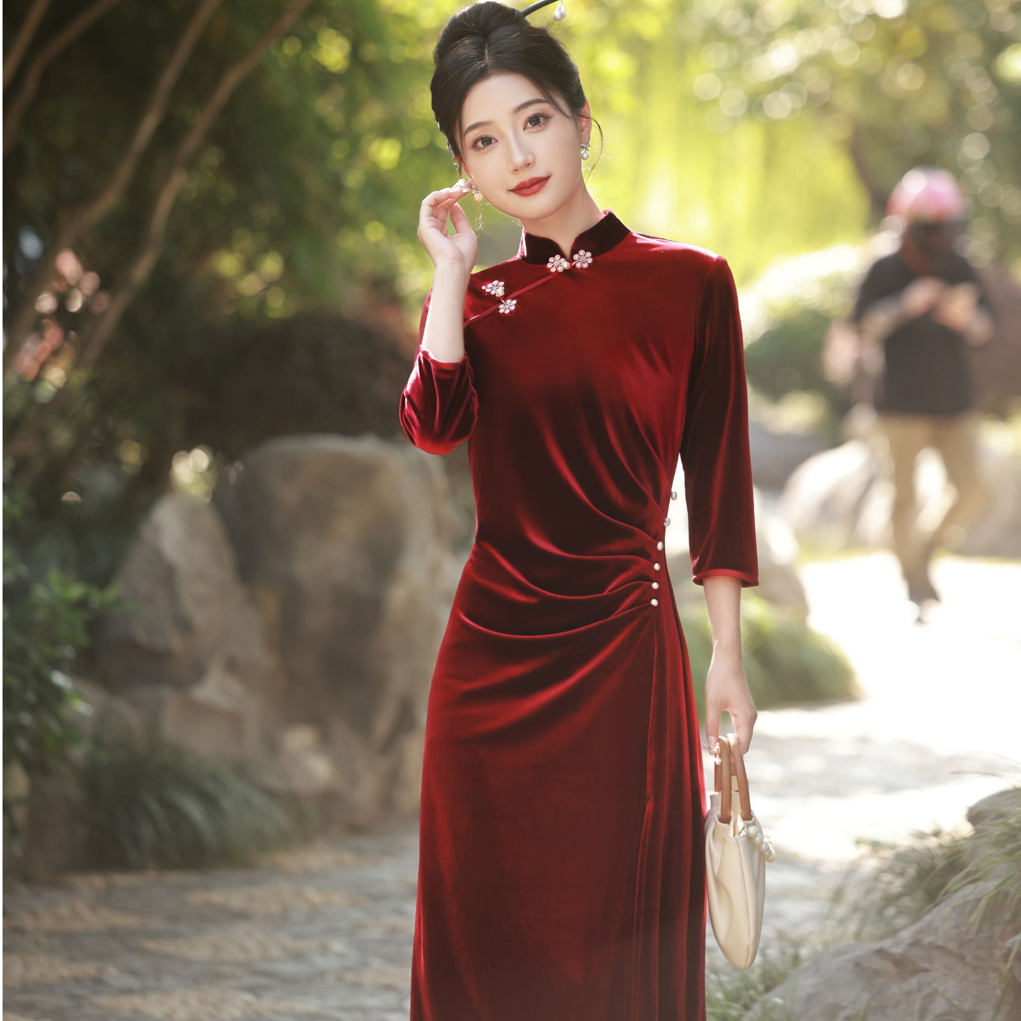 恬子梦 T690 春秋新款 宴会红 裙长115 七分袖旗袍