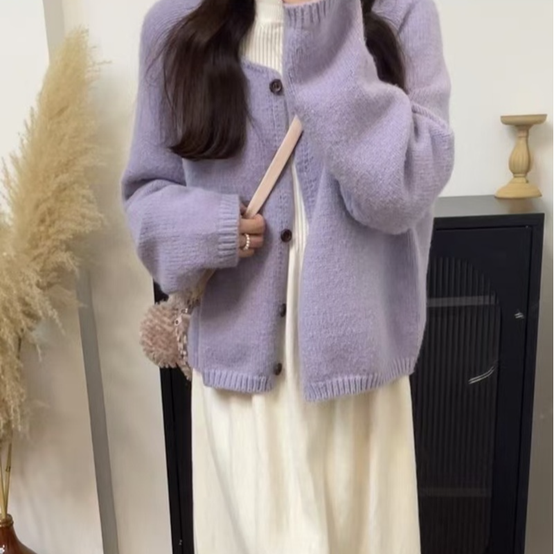 1261韩系慵懒风纯色圆领长袖针织开衫女秋季新款时尚宽松外搭上衣