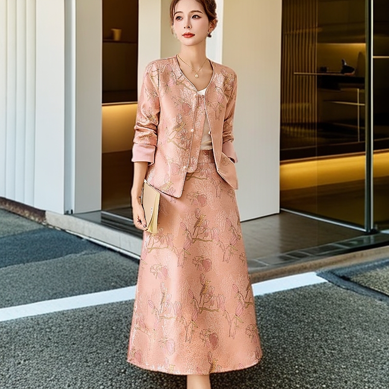 新中式欧若风长袖连衣裙女装春秋气质修身唐装上衣半身裙两件套装