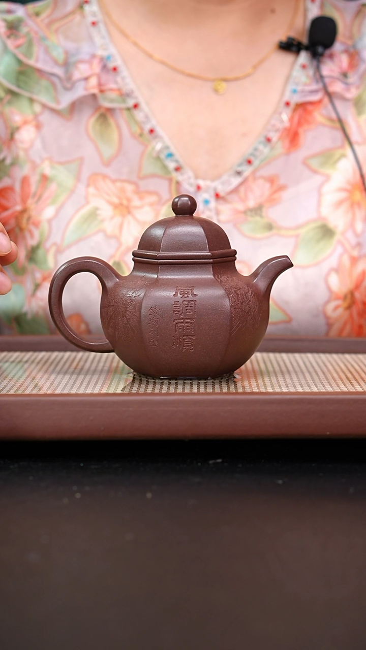 茶壶紫砂全手工底槽青六方掇球刻绘