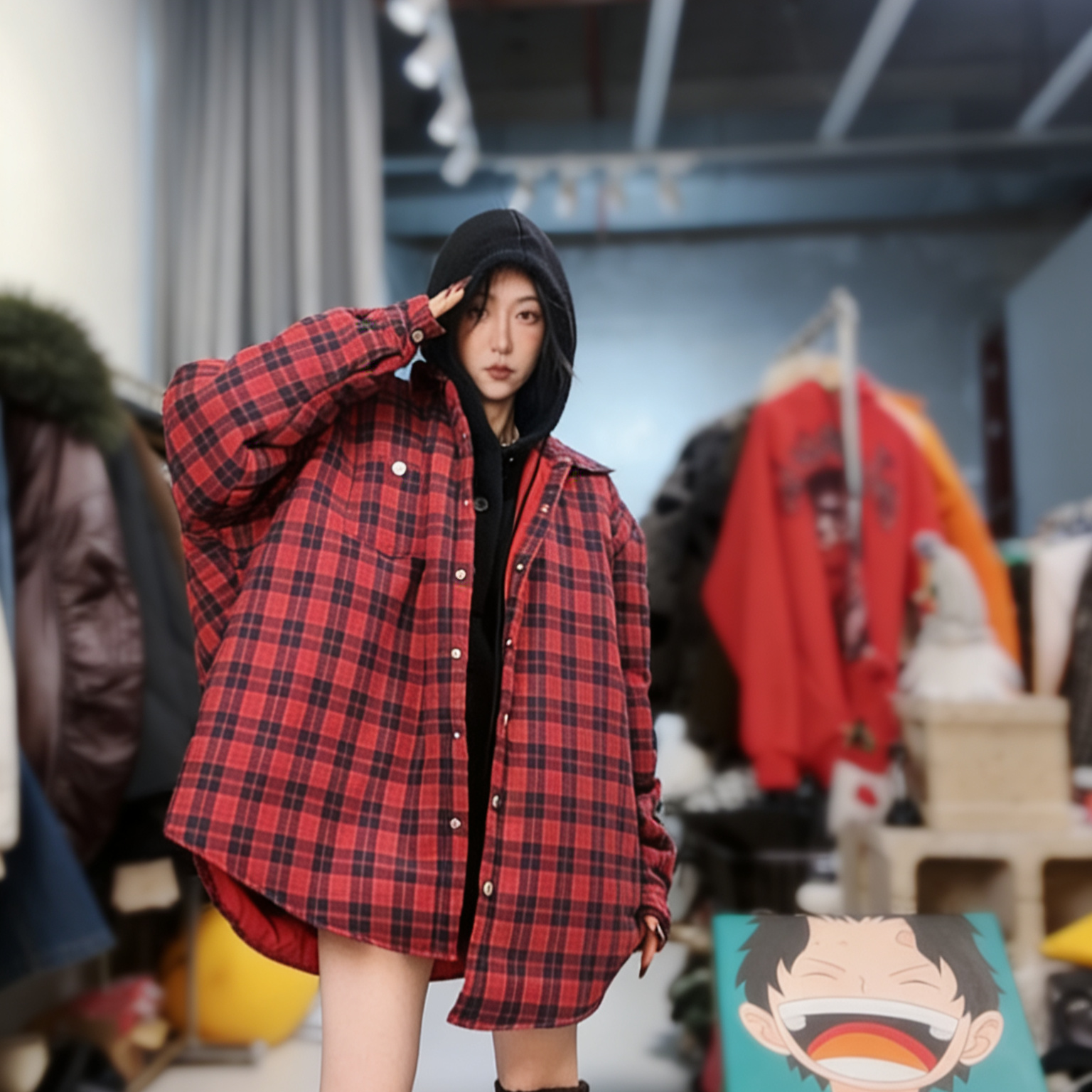 奇奇家 暗红格子暗扣夹棉大外套