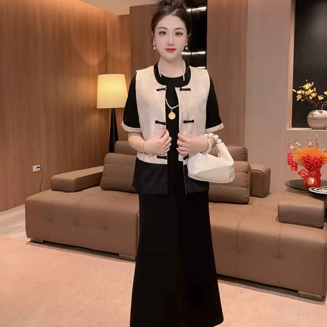 7031云天定制大码夏季遮肉半袖连衣裙+新中式开衫马甲新款套装