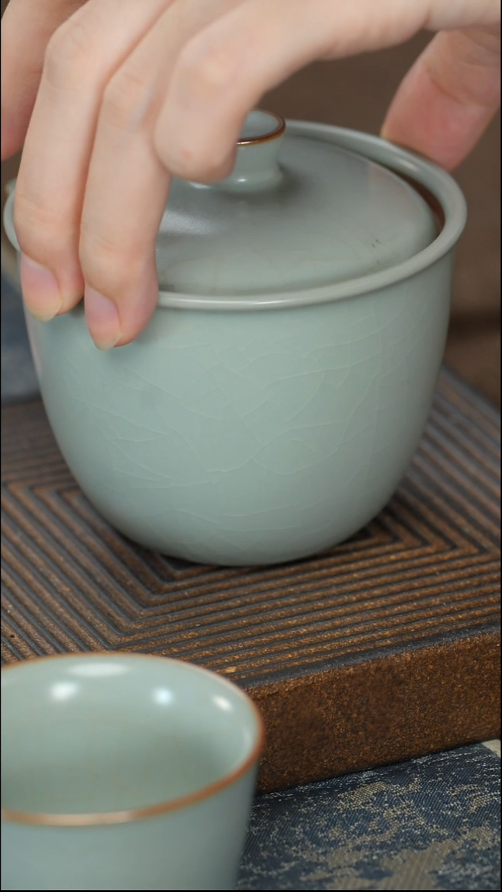 【天青】【汝窑逍遥茶壶3件套】【蓝12西泠礼盒】