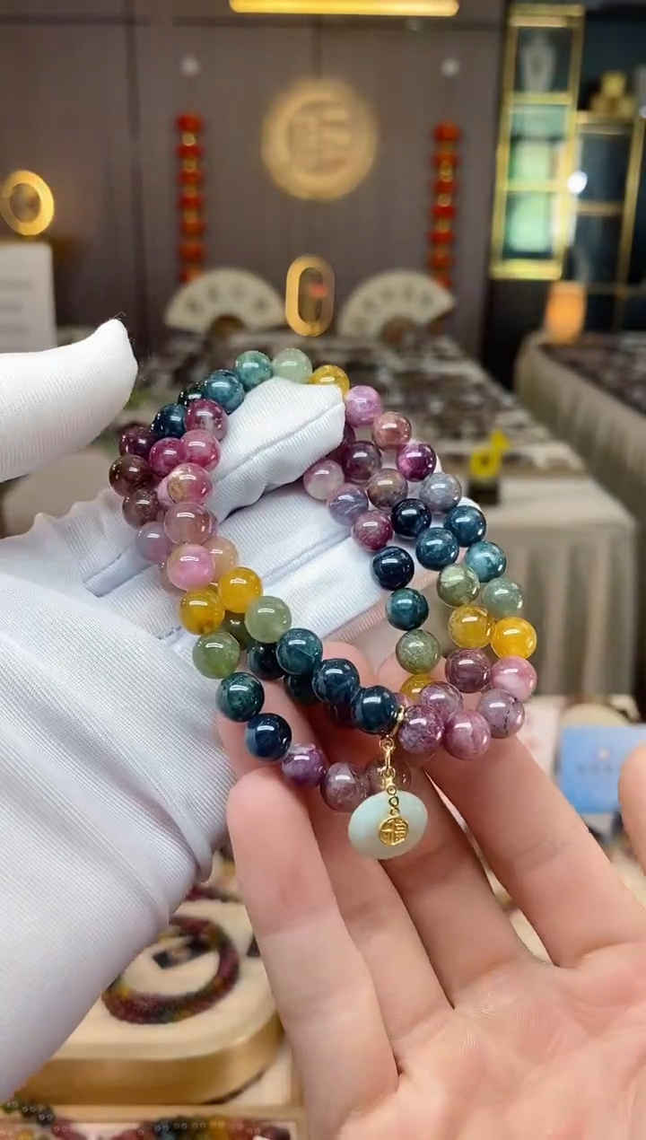 未镶嵌老矿碧玺色标彩虹三圈手串7mm+碧玺多样性发货一条xion