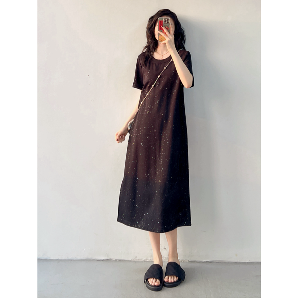 【闪闪发光】定制面料~连衣裙2025新款夏季短袖裙子开叉过膝长裙女