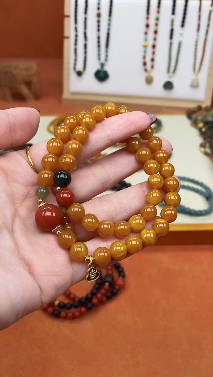 手链蜜蜡未镶嵌双圈蜜蜡和田南红手串