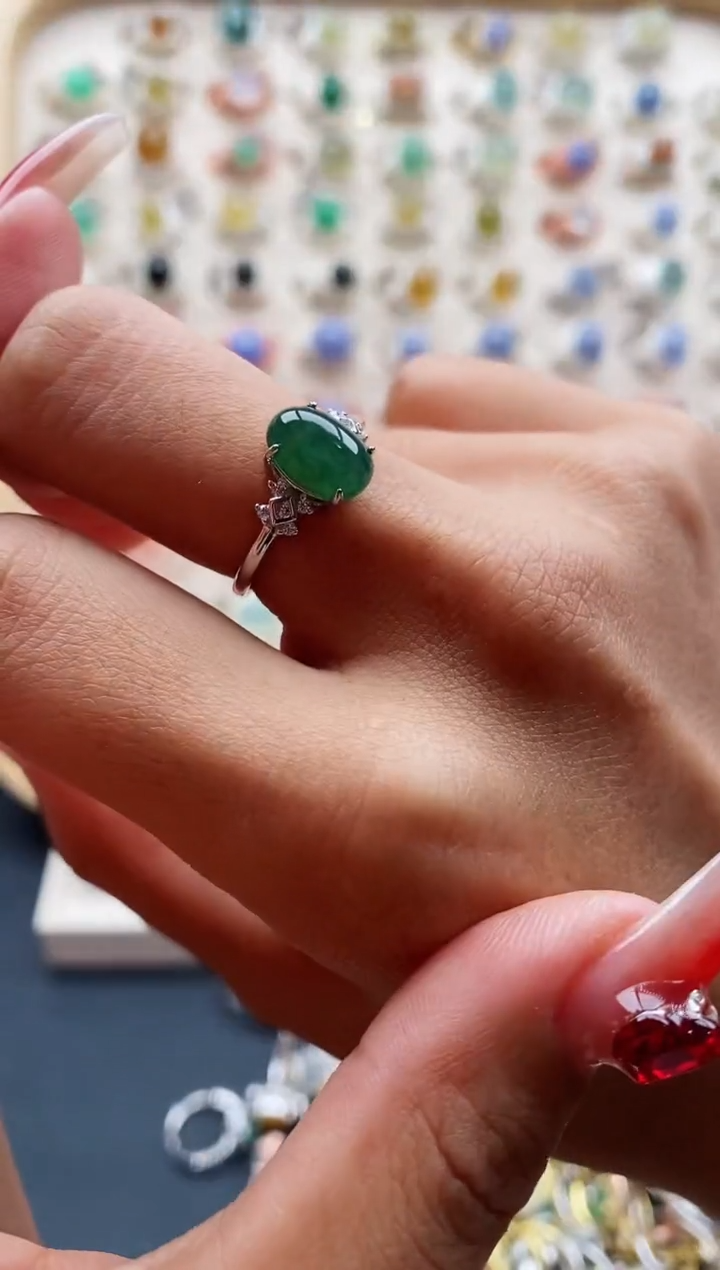 【闪购商品】翡翠戒指银S925镶嵌缅甸天然A货翡翠111 3+5