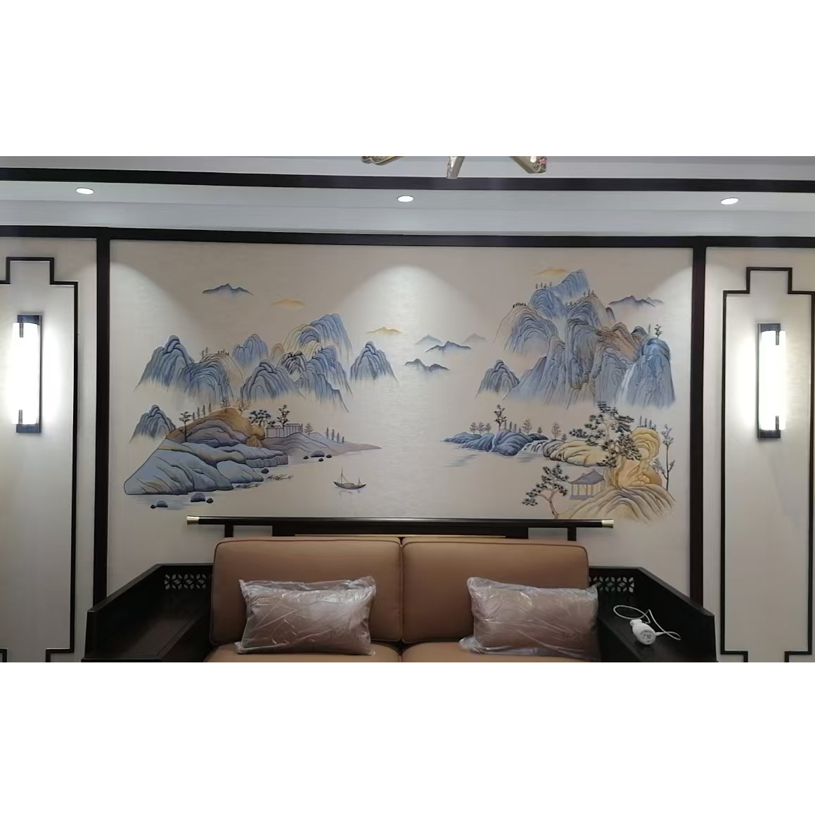 现代中式风格刺绣墙布名山胜川珠光彩金升级款背景墙尺寸可定制