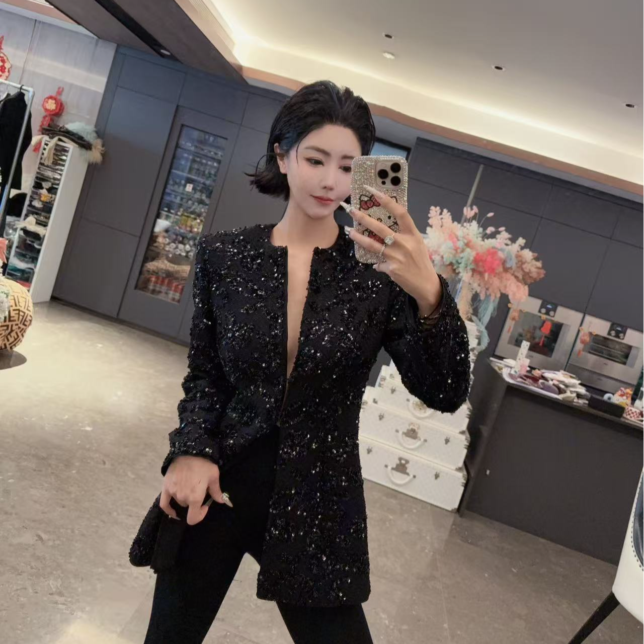 DIYI【黑耀女王】黑色满身亮片圆领V领无扣长袖上衣外套WT15014