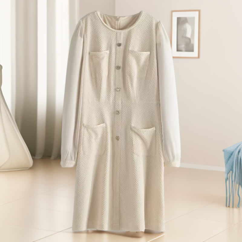 【W1302白色黑色小香风长袖裙】2025优雅百搭款中长款裙女