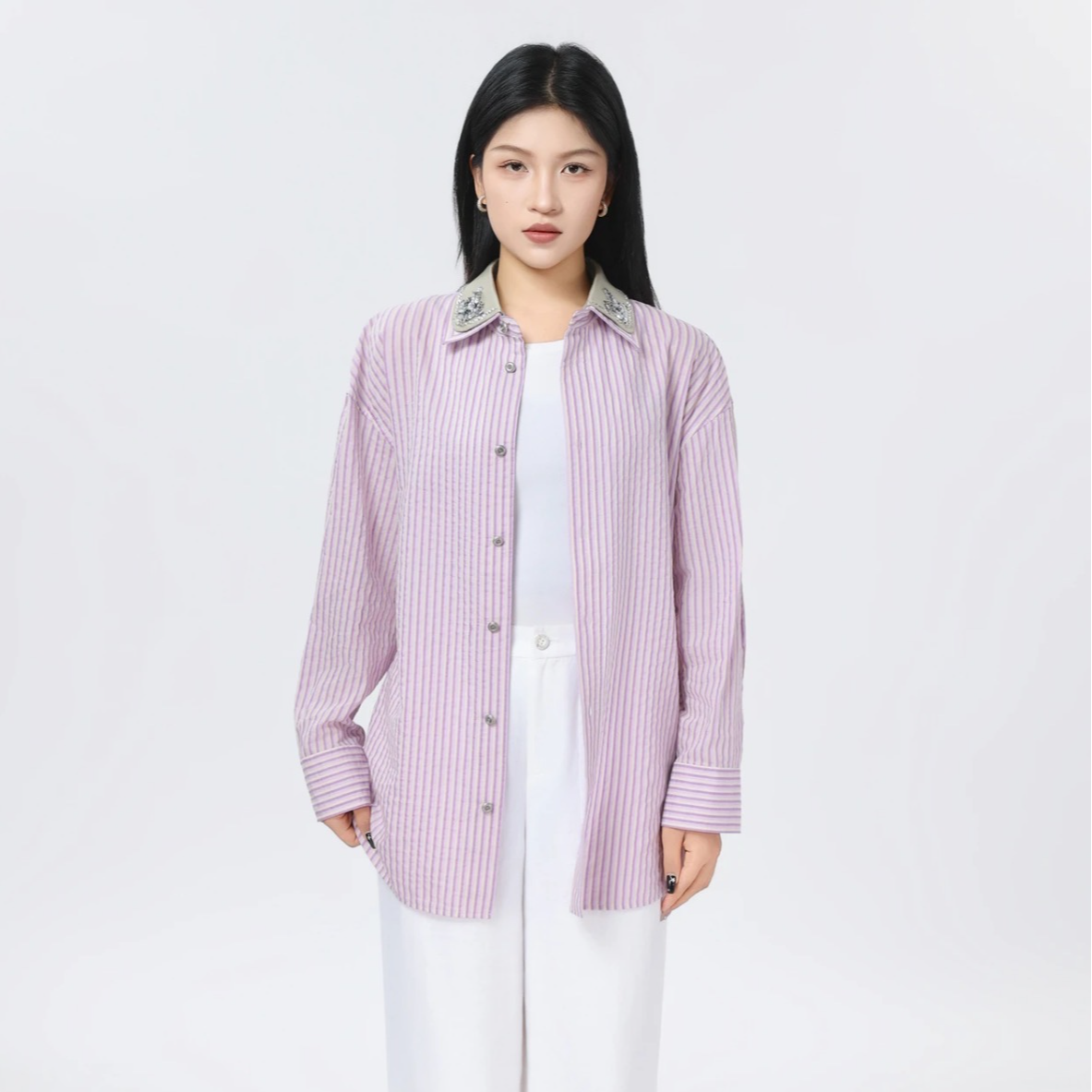 limil/丽米儿春夏薄款衬衣条纹新中式设计感轻奢长袖衬衫9300180