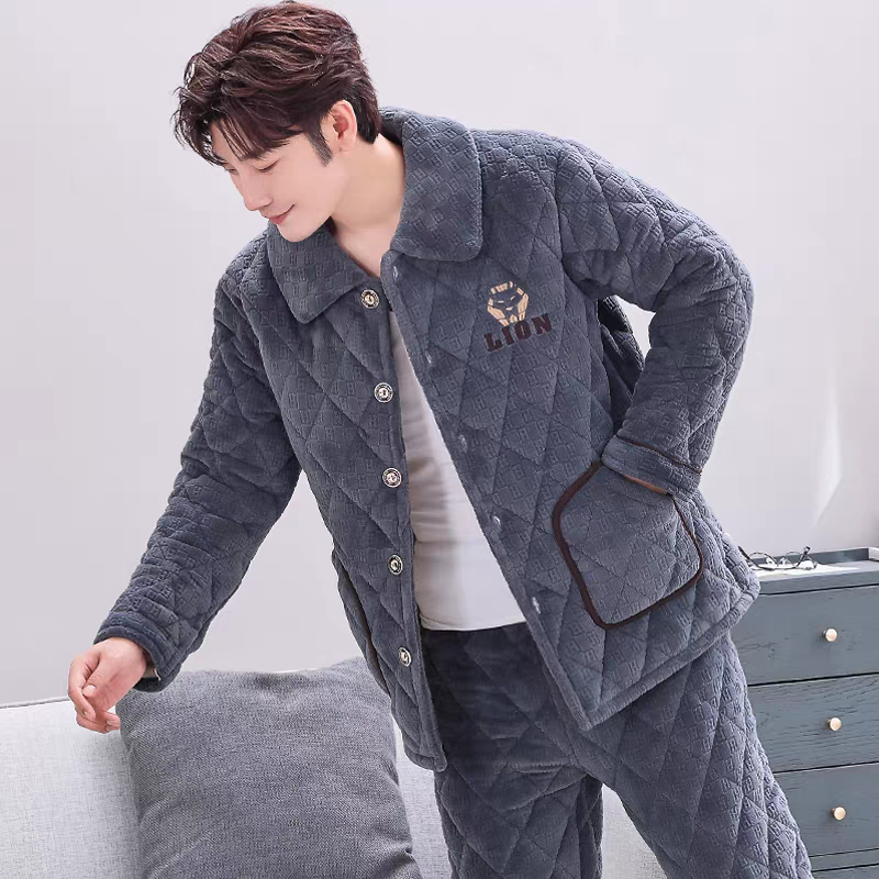 39男士冬季加厚加绒三层夹棉珊瑚绒法兰绒保暖家居服