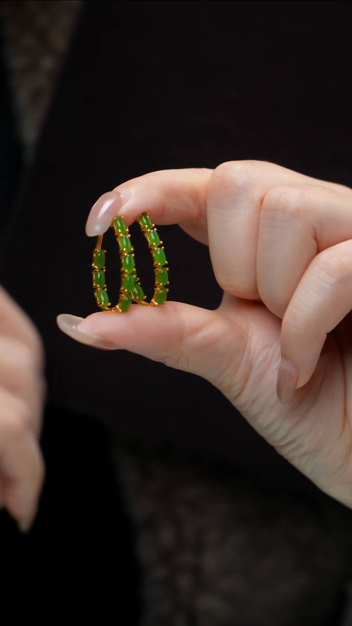 银S925镶嵌和田玉（碧玉）耳饰碧玉耳饰 多样性发其一