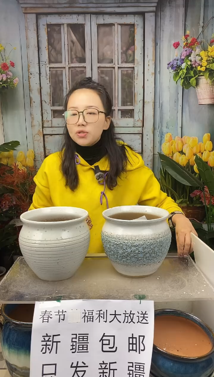 【闪购商品】红陶白蓝圆口泡泡釉陶盆2个装