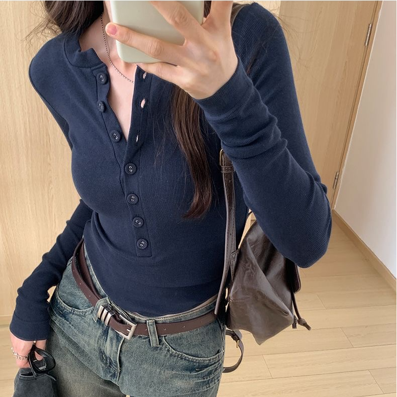 韩系ins正肩半开领长袖t恤女早秋新款修身显瘦别致设计感辣妹上衣