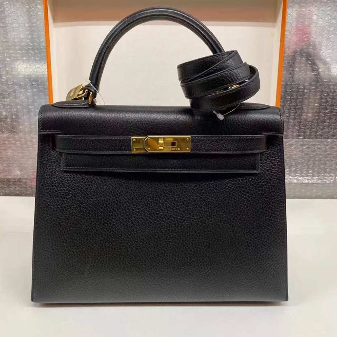 99新 Hermes/爱马仕 kelly32黑金阿登皮圈Y刻单肩包