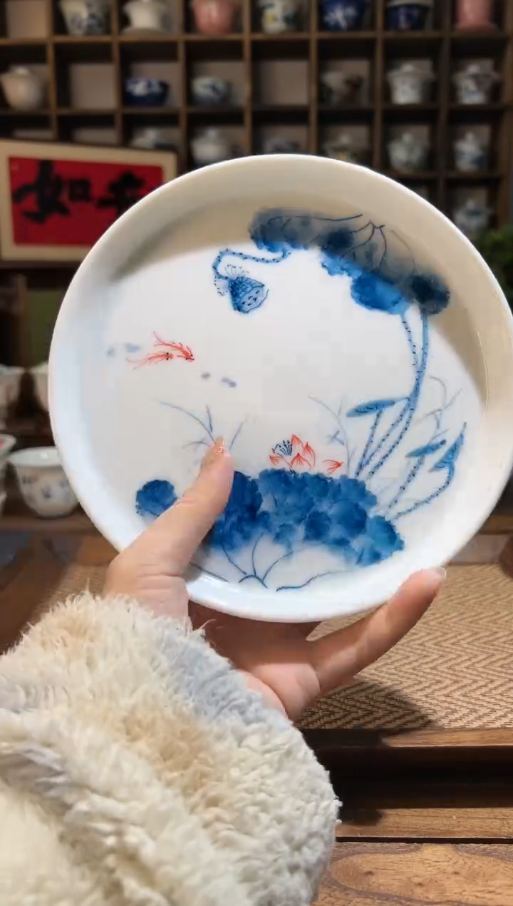 【闪购商品】手绘荷花锦鲤大壶承      