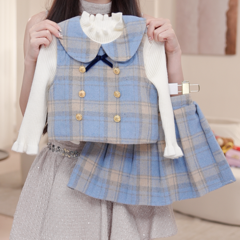 【海盐】女童格子冬季加绒厚马甲三件套毛衣百褶裙套装女孩D68658LA