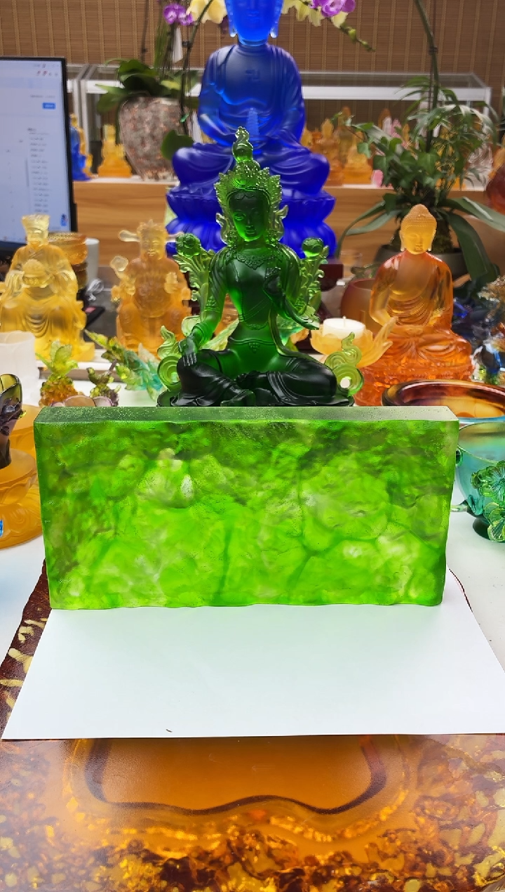 手工艺品琉璃20*10*2.5公分干泡台混烧冰裂纹绿色