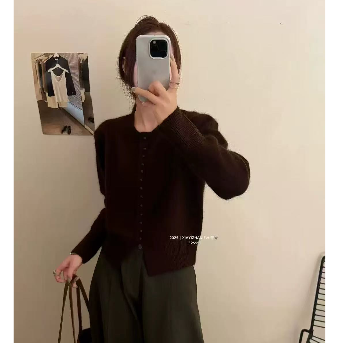 【咖啡色包扣】新款气质纯色长袖显瘦百搭针织衫女毛衣