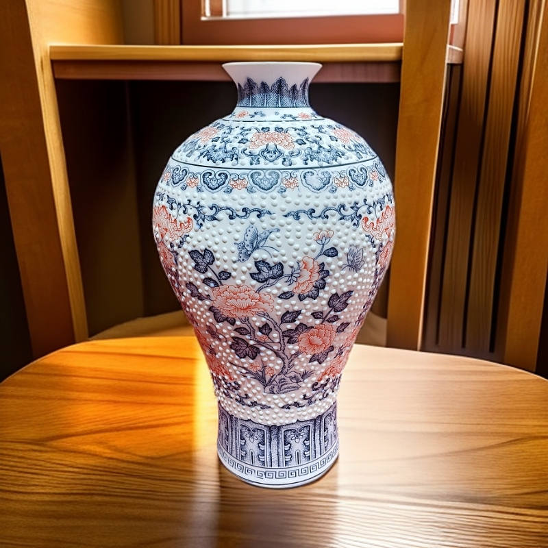 ZY-DP-A217釉里红点珠梅瓶礼盒装+底座